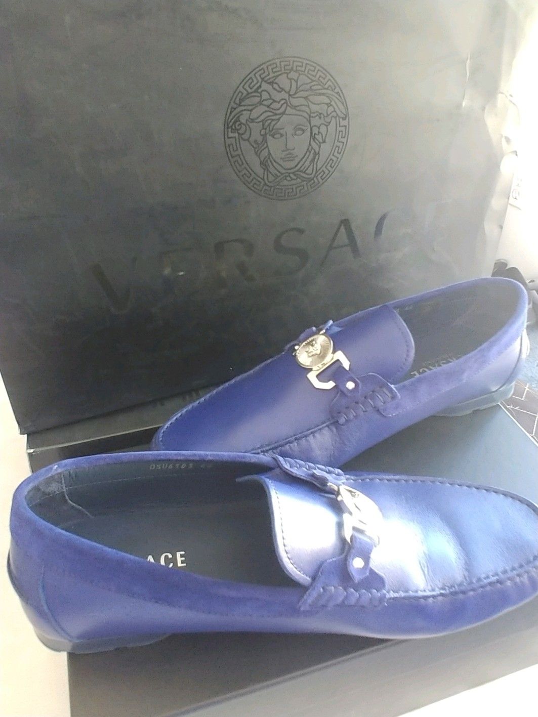 100% Authentic VERSACE Blue sued/leather Drivers