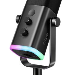 FIFINE - Dynamic XLR/USB Microphone for Podcasts, Game Streaming with RGB Lighting, Mute Button, Headphone Jack, Desktop Stand, for Singing YouTube - 