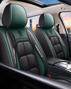 2 pcs All-Inclusive Seat Cover Full Leather Car Seat Cushion Single Seat Main and Passenger Seat Cover Four Seasons Universal(Dark Green)