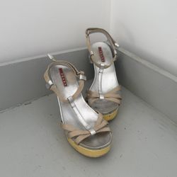 Prada Silver and Tan Wedge Sandals