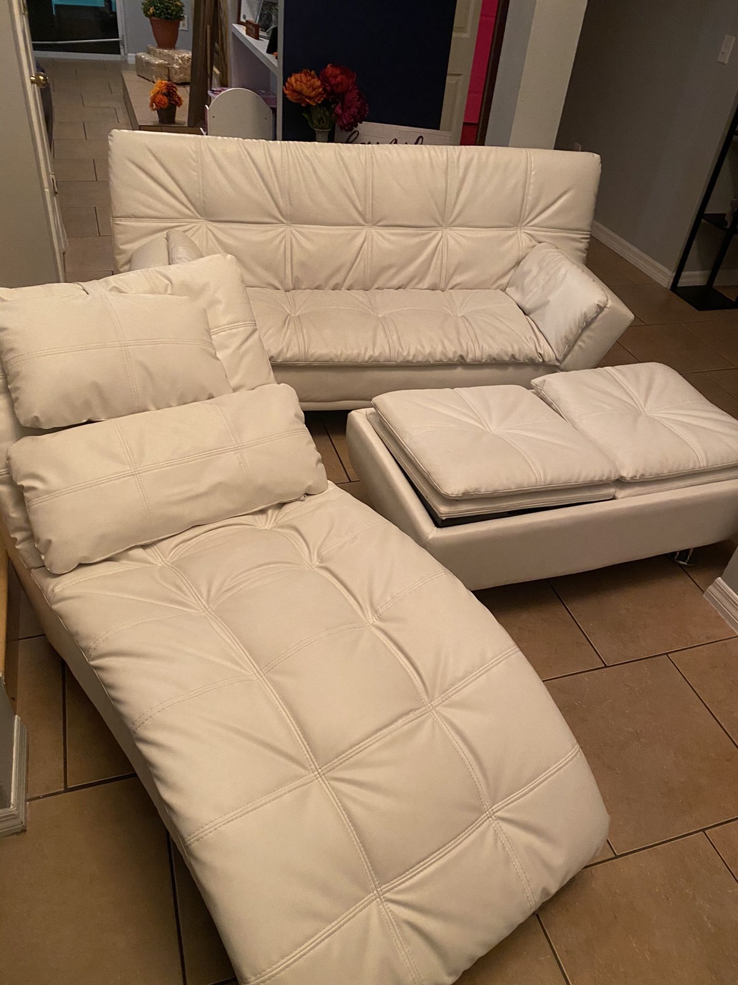 White leather futon couch set