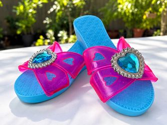 Girls Blue Pink Jelly Slide Sandals Heart Rhinestone Bow Slip On Shoes