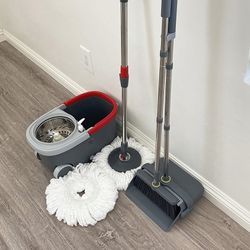 (New in box) $35 (Combo Set) Broom Dustpan & Spin Mop Wheels Extended Handle with 2pc Microfiber Mop Heads