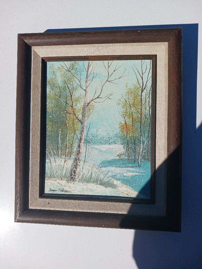 Small Framed Winter Snow Landscape Oil On Canvas Painting Signed Grauce Palmer