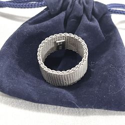 Brand New Made In Italy By Maker (HAN) Sterling Silver Mesh Wedding Band Ring. Size 5.