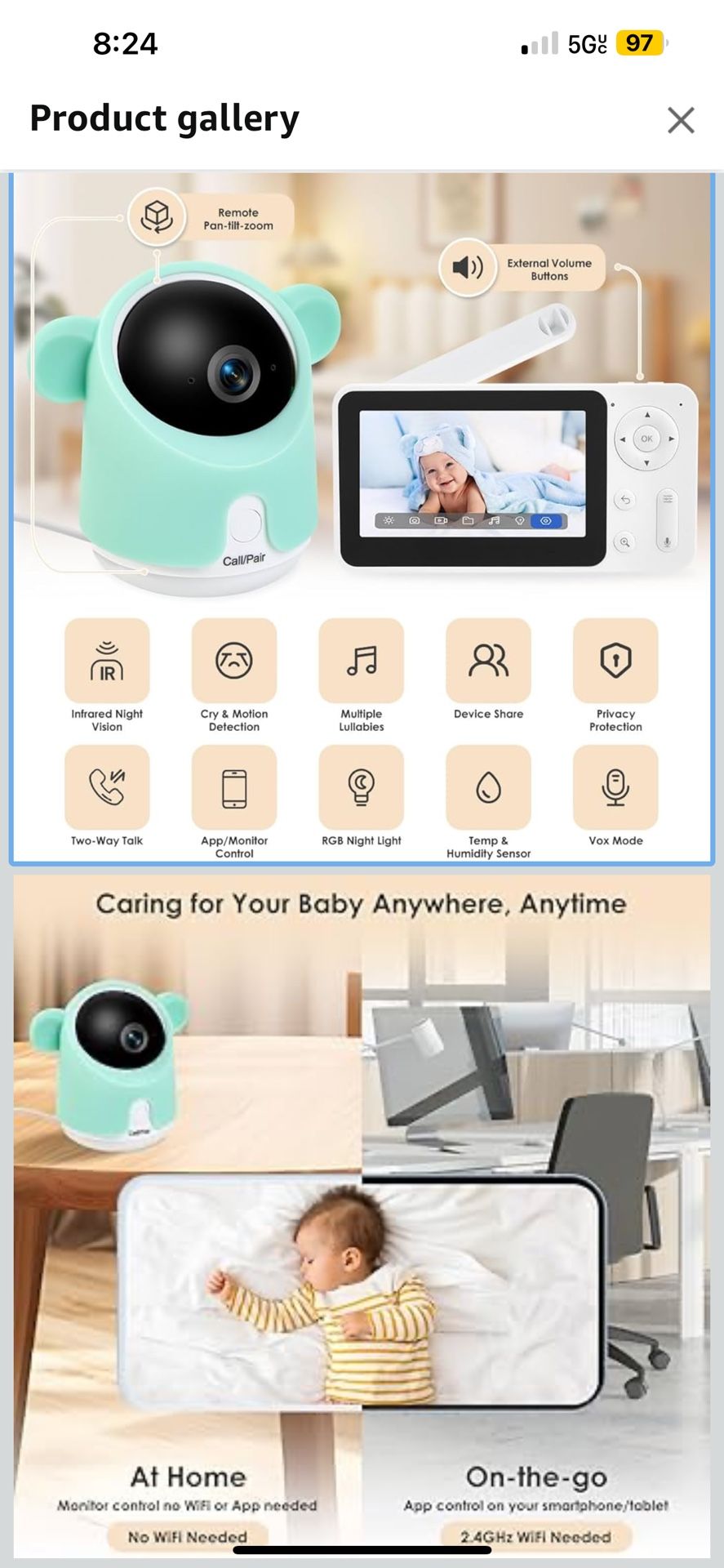 Baby Monitor with Camera and Audio, 1080P Baby Camera Monitor WiFi Smartphone App Control Night Vision 4.3” Screen 2-Way Talk Temperature & Humidity S
