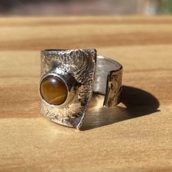 Brand New Organic Handmade Ring - Silver 92.5 and Tiger Eye