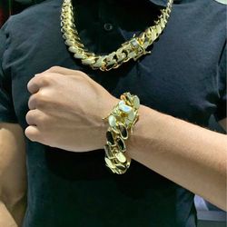 Set Chain & Bracelet 20mm Miami Cuban Link Yellow Gold Plated Chain Necklace 18k & 14k Crab Old School Regular Lock