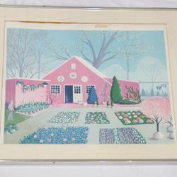 Vtg Folk Art Lithograph Framed Art Pink House Garden Carlyle Hotel NYC R. Endt
