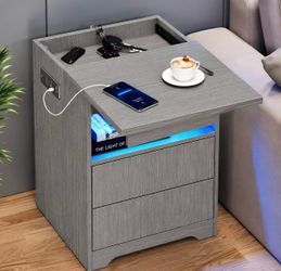 Nightstand with Gun Drawer, Charging Bedside Table with USB ,  set of 2, Wood grain color