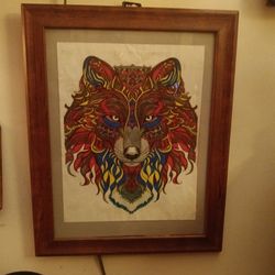 Wolf drawing 12x16 glass & wood frame.