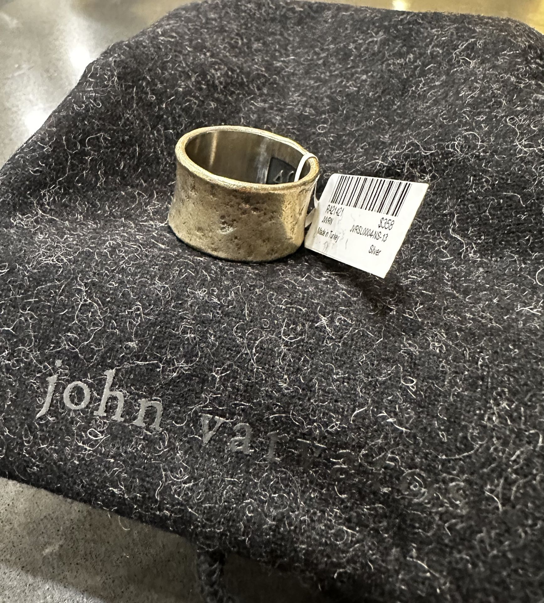 John Varvados Men’s Wide Band Hammered Sterling Silver Ring