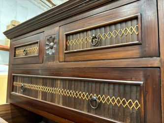 Dark Finished Teak 5 Drawer Chest Style Dresser with Rattan Drawer Fronts