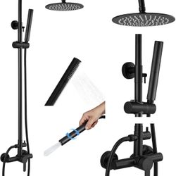 Outdoor Shower Kits 304 Stainless Steel 8" Shower Head with 2 in 1 Cylinder Handheld Spray 2 Function Outside Shower Faucet Set Wall Mount Single Hand