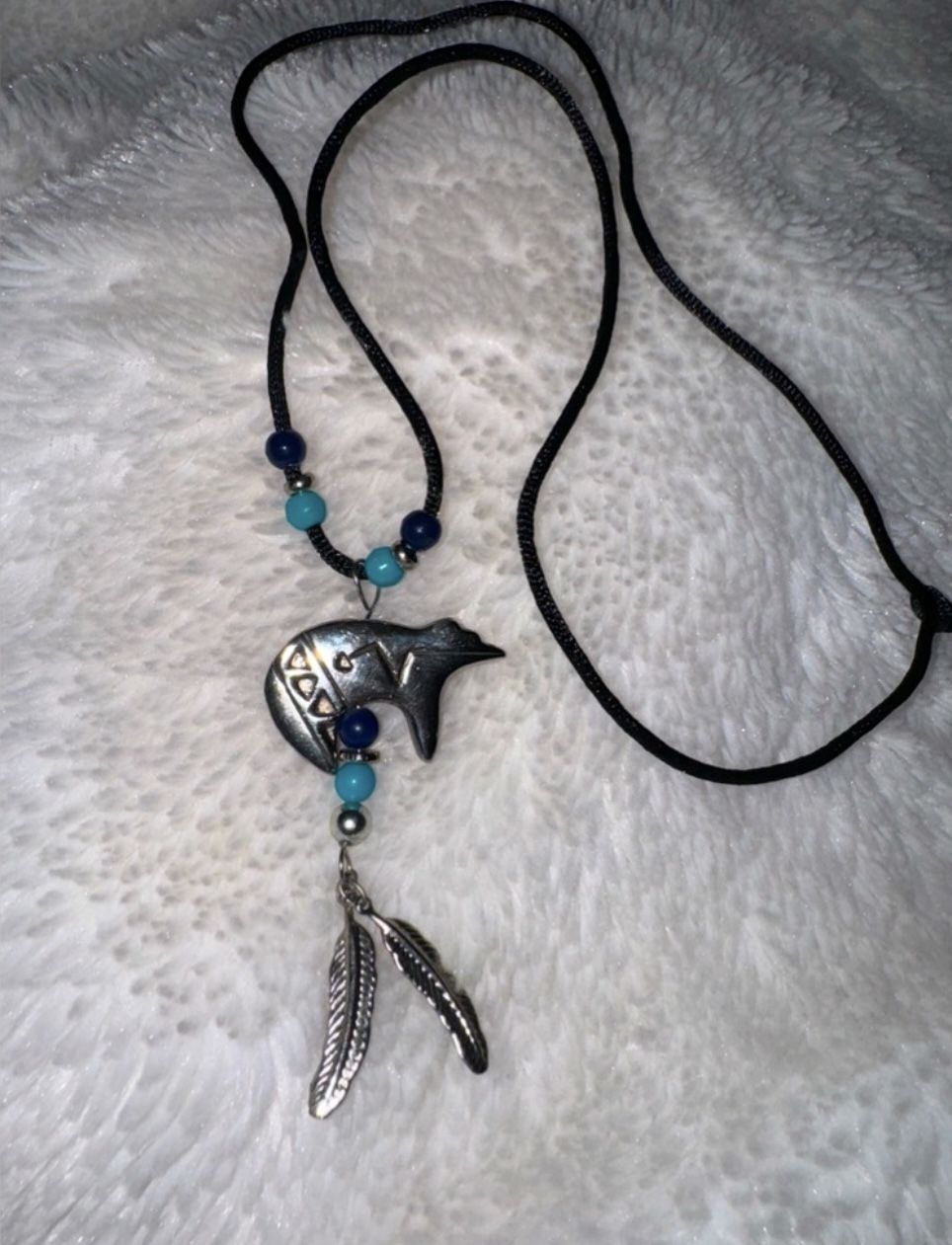 Vintage Silver Navajo Spirit Bear Pendant on Rope Necklace