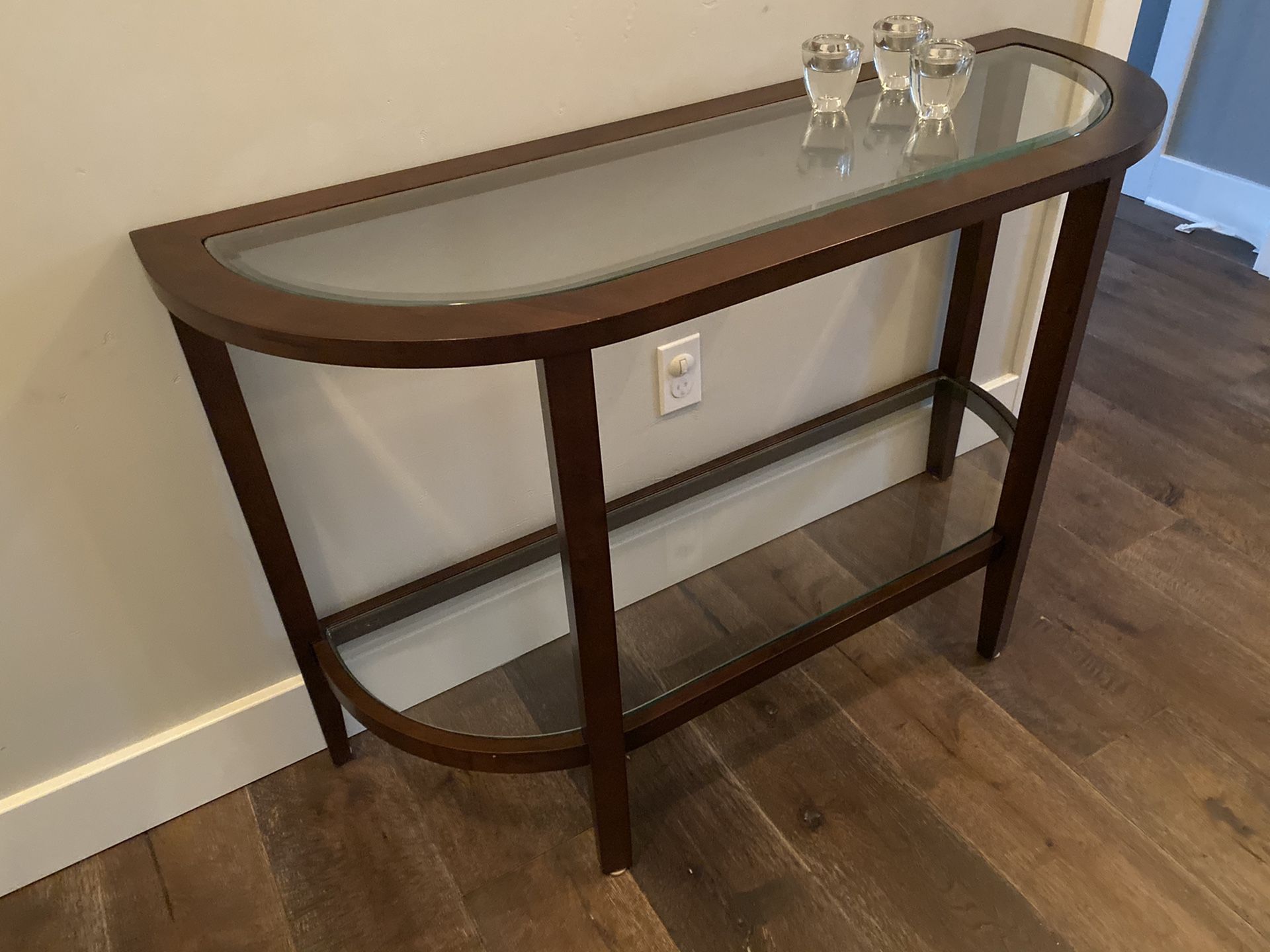 Walnut and glass console table
