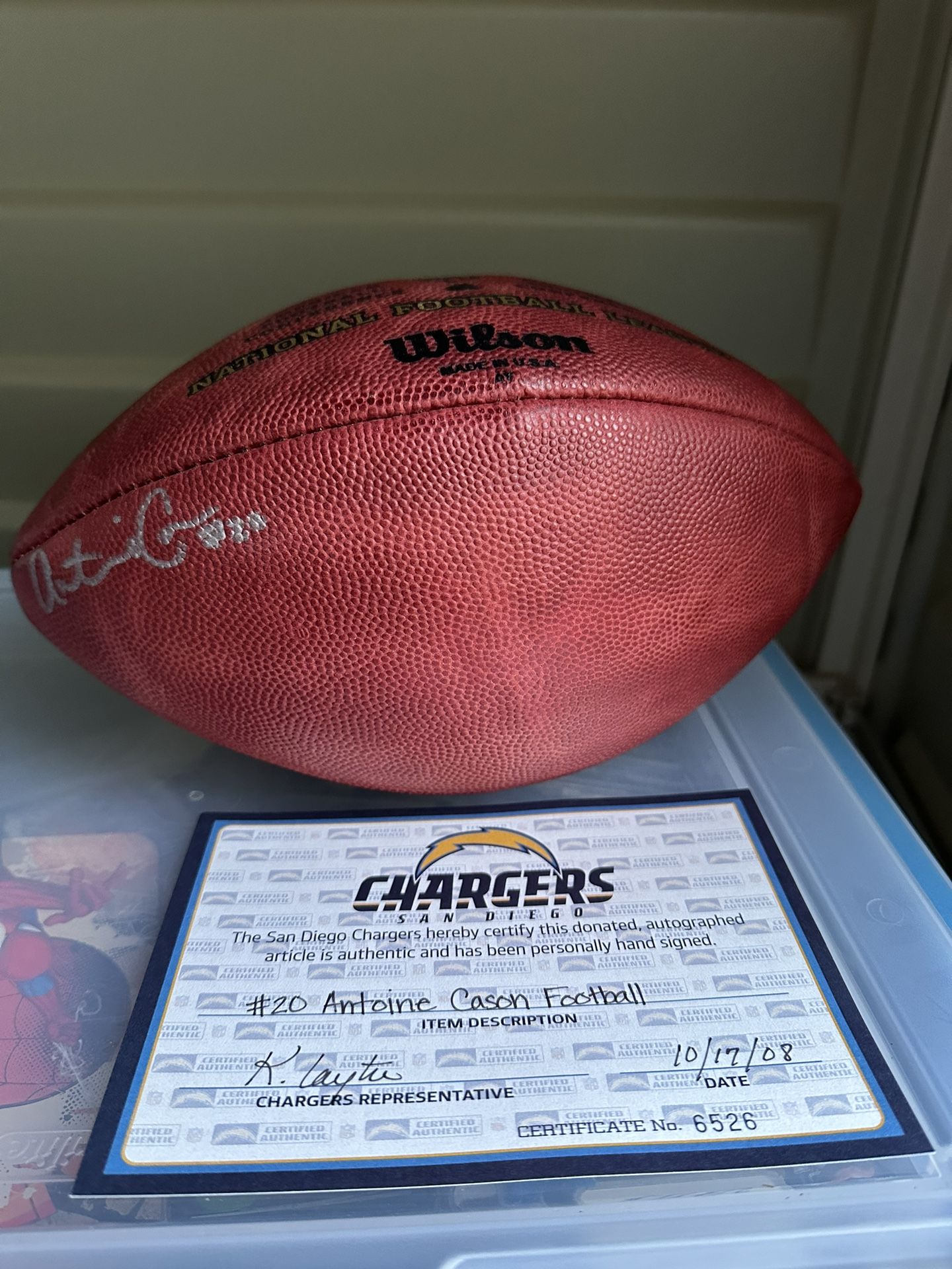 Antoine Cason signed “The Duke” Wilson Official football with San Diego Chargers COA