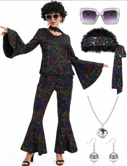 New in Bags California Costumes Women's 1970s Disco Costume Top Pants Wig Sunglasses Ball Necklace Earring