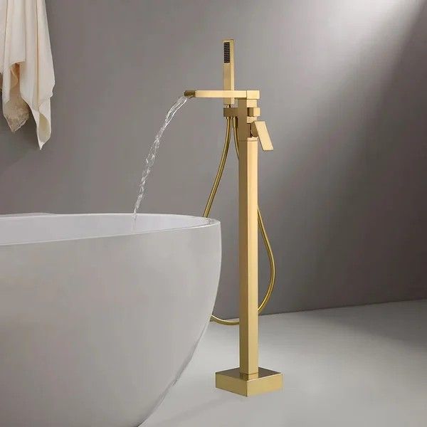 Modern Waterfall Bathroom Tub Faucet with Handheld Spray Solid Brass in Gold/Matte Black