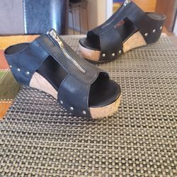 Size 5, Cork Wedge Platform Leather Slides