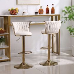Set Of 2 - Beige Velvet Braided Back Swivel Bar Stools With Gold Base [NEW IN BOX] **Retails For $265 (Price Is For 2 Chairs)