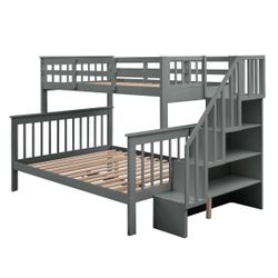 Stairway Bunk Beds Twin Over Full with 4-Step Stairs and Under-Step Storage Shelves, Gray