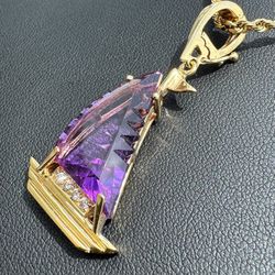 Art-Deco Jewelry 14k Solid Yellow Gold Purple Amethyst Natural 10.24CTW Diamond SailBoat Pendant Charm