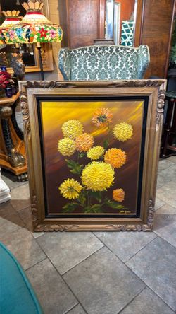Mid Century oil on canvas, beautiful flowers, signed by the artist