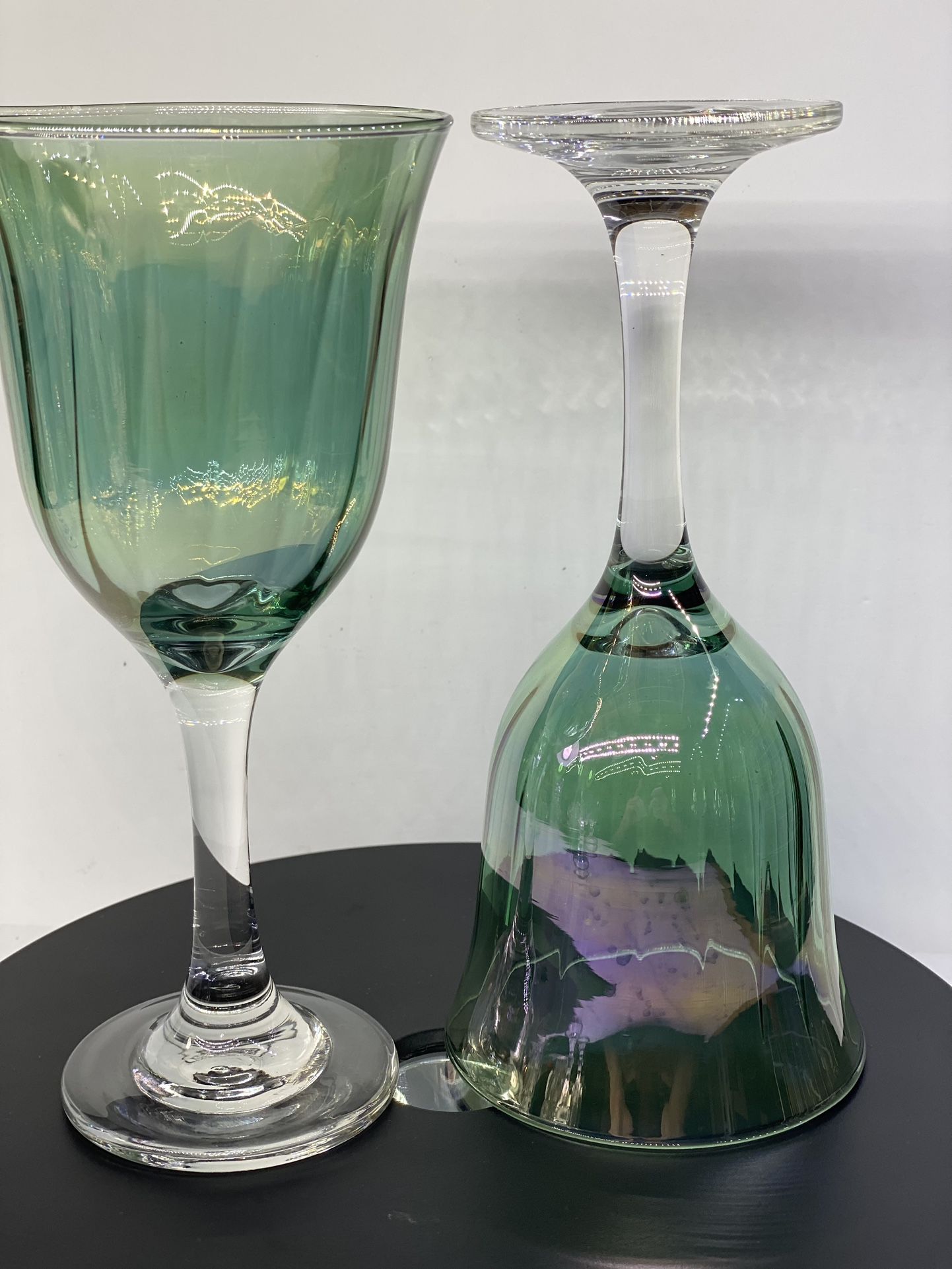 Set of (2) Beautiful Vintage Iridescent Green Rainbow Wine/Water Goblets. 