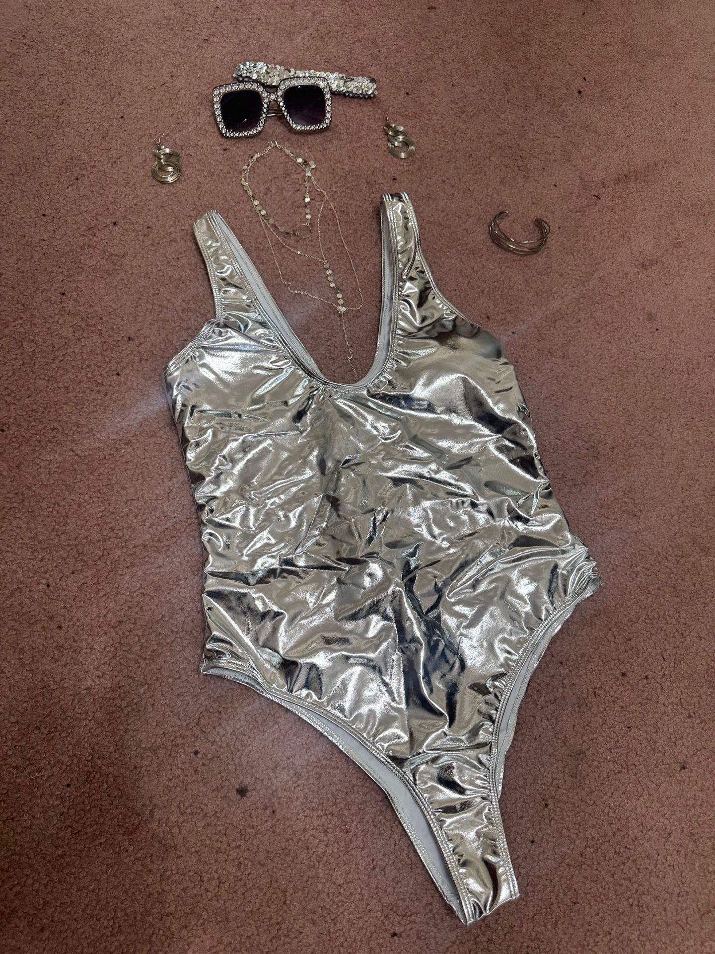 New large silver metallic disco festival rave outfit bodysuit costume 80s y2k