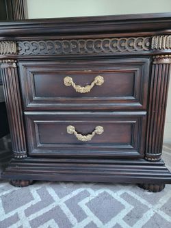 Pair Dark Wood ornate Nightstand with 2Drawers.