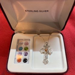 New In Box Sterling Silver Heart Cross With 9 Changeable Crystals
