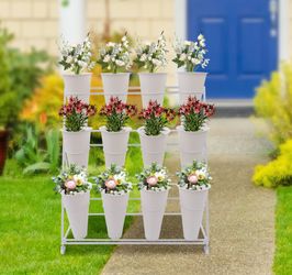 CNCEST Flower Display Stand 3 Layers Metal Plant Stand with Wheels Modern Plant Shelf with 12 Flower Buckets For Florists Balconies Gardens White