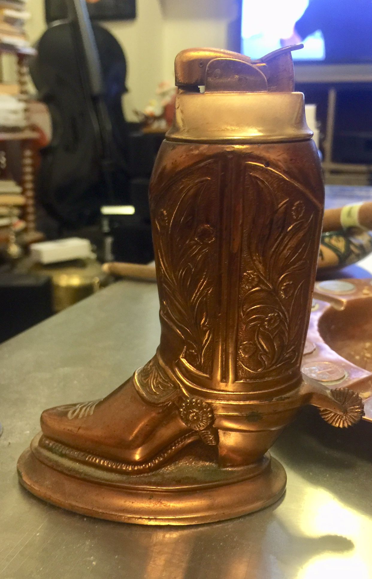 Vintage Brass Cowboy Boot Cigarette Lighter and Ashtray