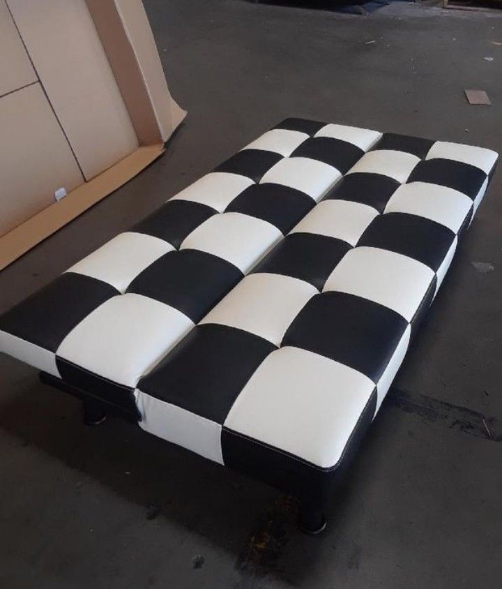 Brand New Black & White Checkered Leather Tufted Futon