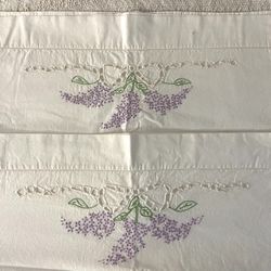 Vintage Pillowcases Hand Embroidered Purple Lilac Flowers Set Of 2 1950s 1960s