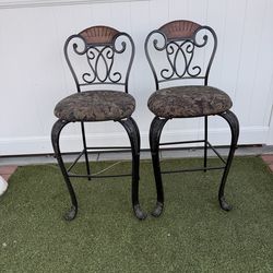 Set of 2 Wrought Iron Bar Stools w Wood & Upholstered Seats