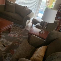 Living Room Furniture Loveseat, 2 Chairs, Ottoman $350: 2 End Tables, Coffee Table, Sofa Table $100.  **Pickup Only**