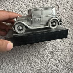Vintage-Style Metal Car Decor Figurine on Wooden Base – MOVING OUT SALE