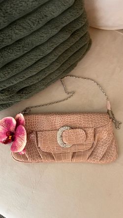 Y2k Pink Croc-Embossed Clutch with Chain Strap