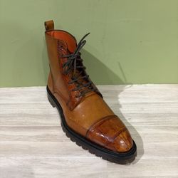 Fennix Italy Combat Boot Cognac Calf/alligator Captoe 10