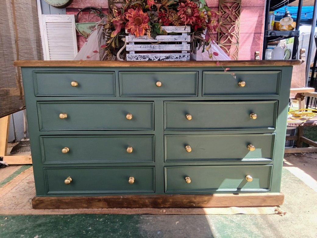 Big Dark Sage Green 9/Drawer Solid Wood Dresser