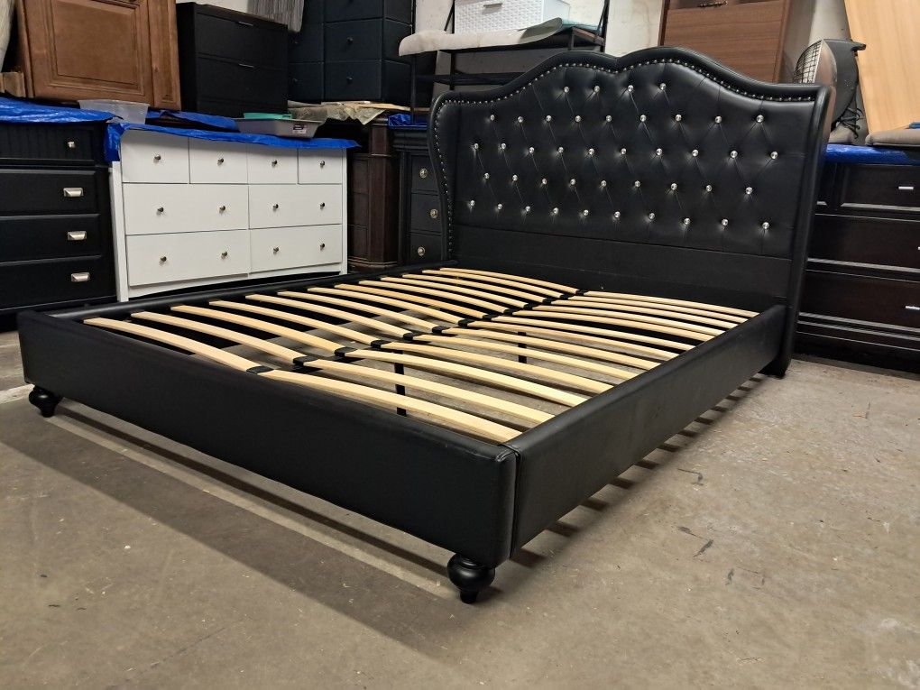 Black Leather Tufted Queen Size Platform Bed Frame
