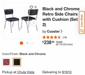 New In Box Black and Chrome Retro Side Chairs with Cushion (Set of 2) Vintage Diner Theme