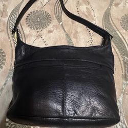 Tignanello Black Leather Shoulder Bag with Gold Accents