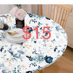 Round Tablecloth Fitted Elastic Edge Patio Table Covers Wrinkle Resistant Polyester Table Cloth for Picnic Camping Indoor and Outdoor，Blue Flower and 
