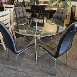 Brand New 45" x 30"H Round Glass Dining Table + 4 Black Faux Leather Chairs