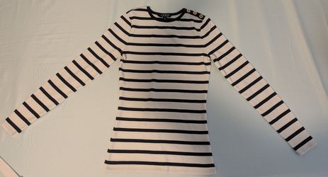 Ralph Lauren Women XS Long Sleeve Tops Navy Blue White Stripes 100% cotton NWOT