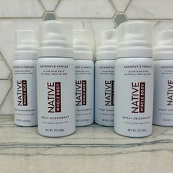 Native whole body spray deodorant, 1 oz travel size bottles, aluminum-free with coconut and vanilla scent.