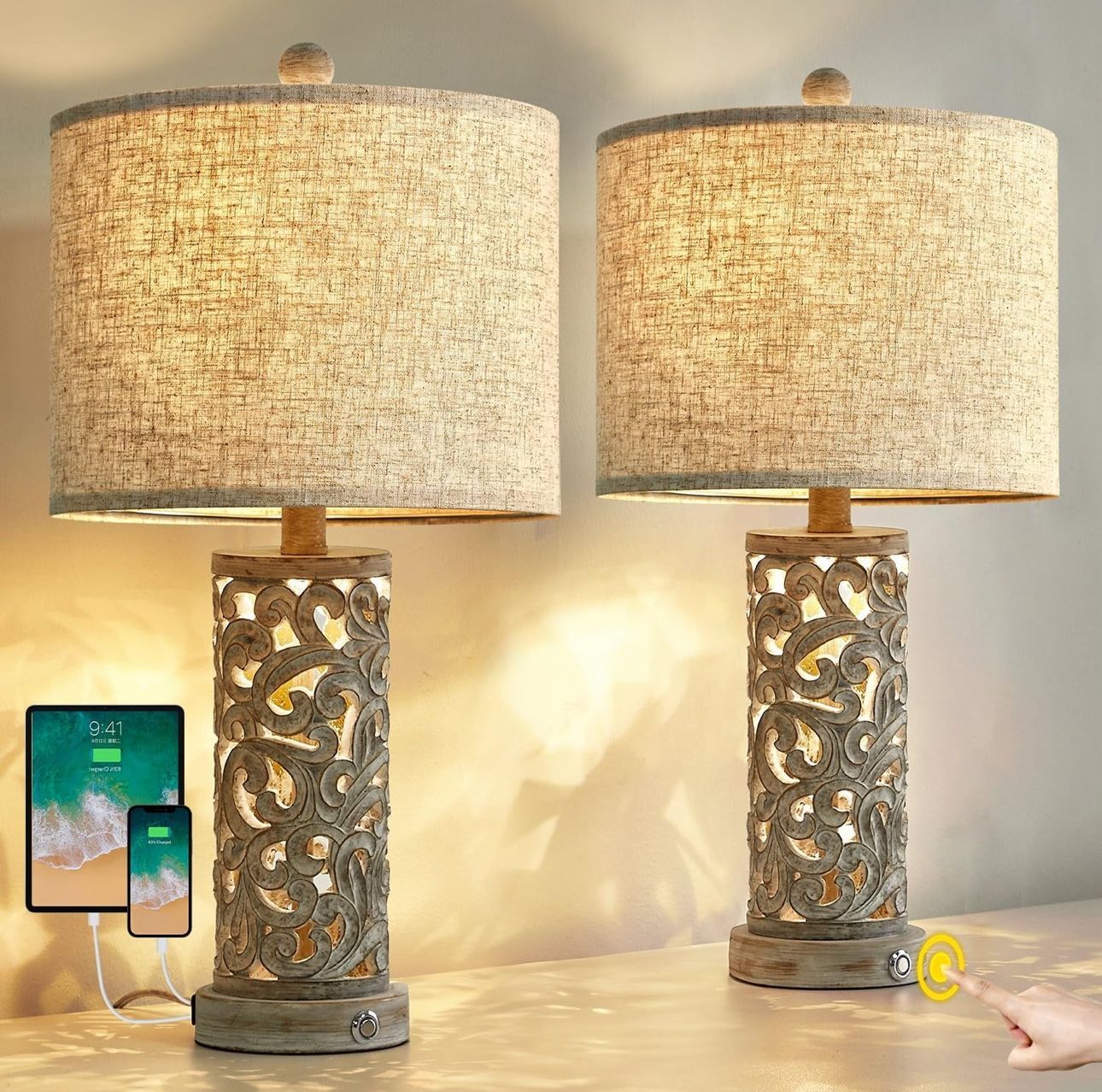 3-Way Dimmable 22'' USB A+C Touch Control Table Lamp Set of 2